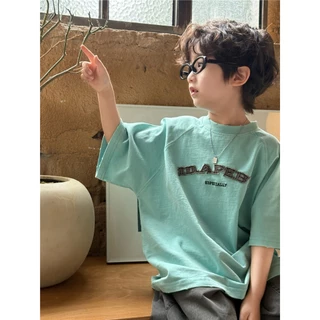 [ส่งไวจากไทย] *แค่เสื้อ*เสื้อยืดแขนสั้นเด็กชาย เสื้อคอกลม งานปักช่วงอก ทรงโอเวอร์ไซส์ เท่ๆ สไตล์เกาหลี เหมาะสำหรับ3-12ปี