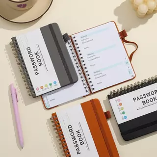 สมุดจดรหัสผ่าน A6 สมุดบันทึก Password Book ปกหนัง PU มีดัชนี A-Z จัดเก็บรหัสเว็บไซต์ อีเมล พกพาง่าย พร้อมที่เสียบปากกา