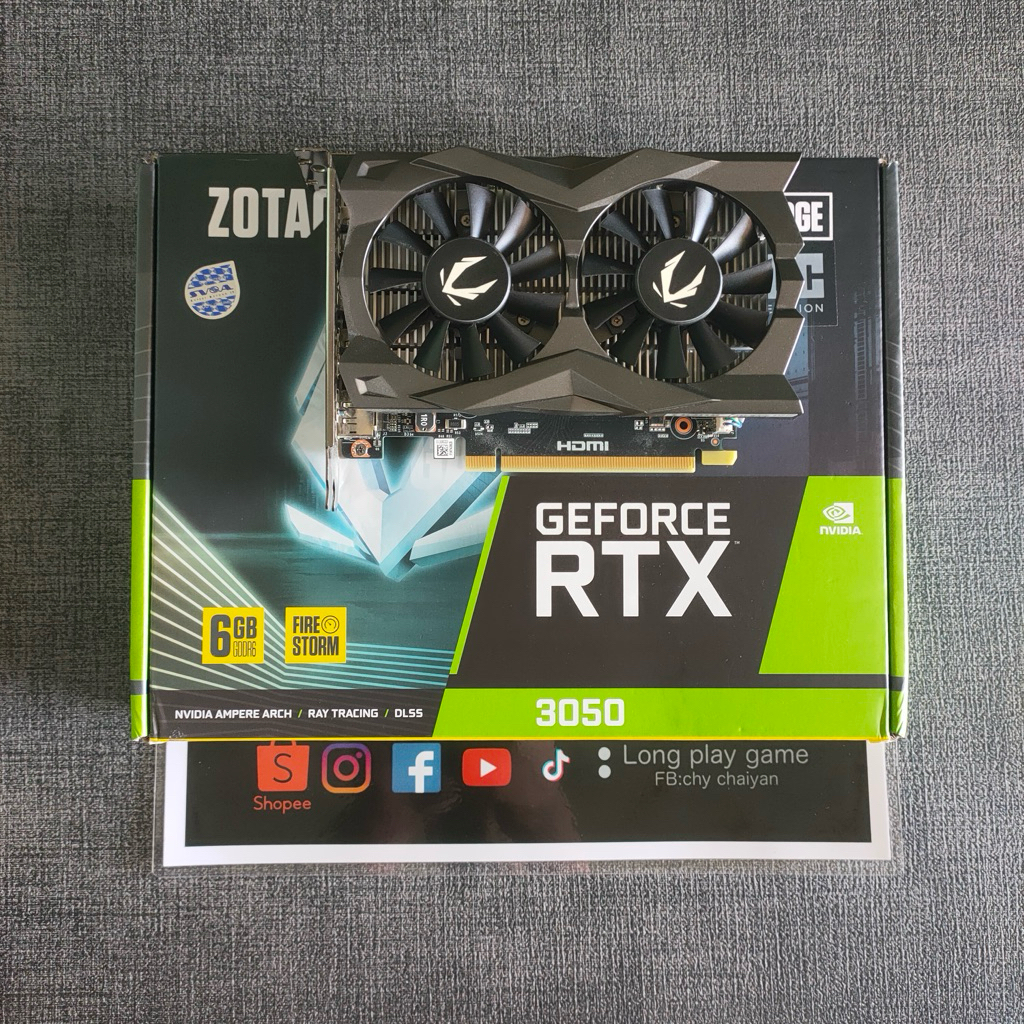 การ์ดจอ RTX 3050 6GB Zotac ครบกล่อง สภาพใหม่ ไม่ต่อไฟเพิ่ม ประกันยาว15/09/2028
