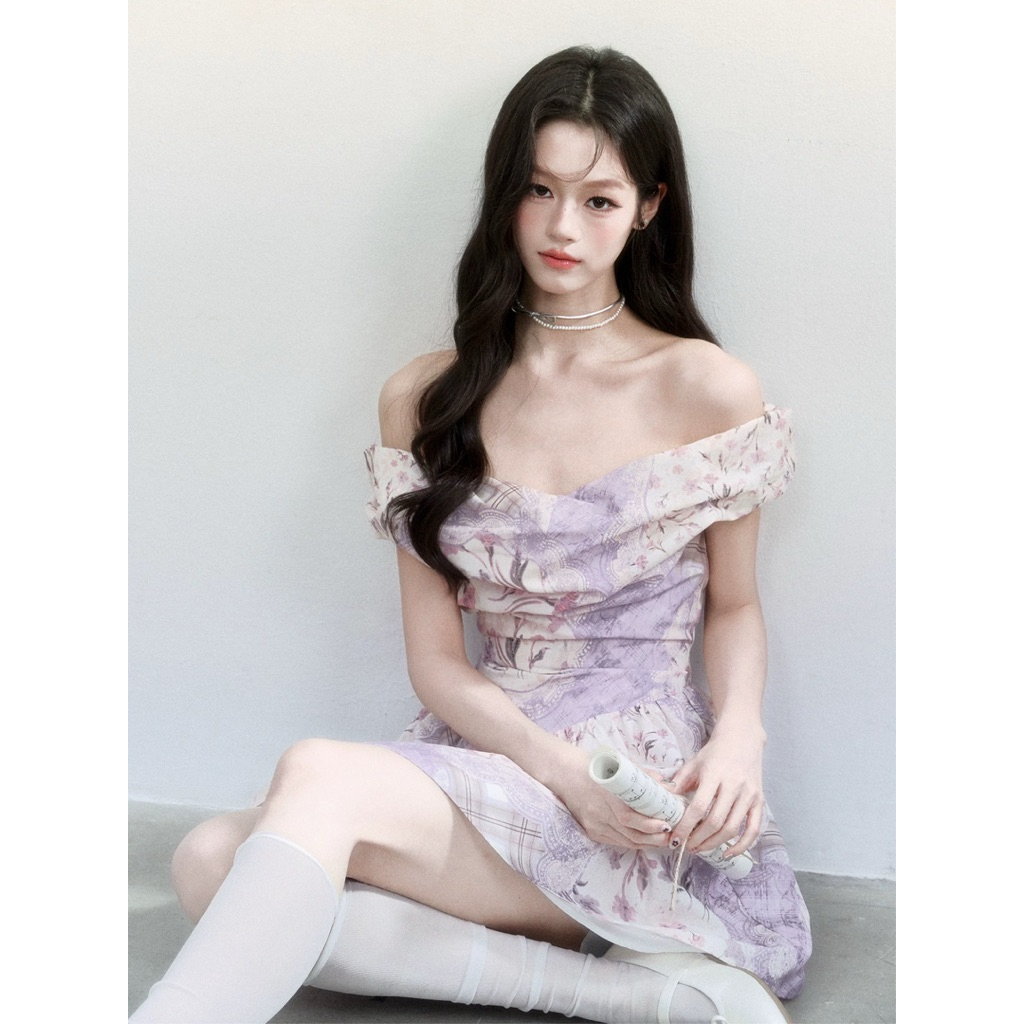 Fragile heart - Purple Mist Floral Print Off-Shoulder Dress