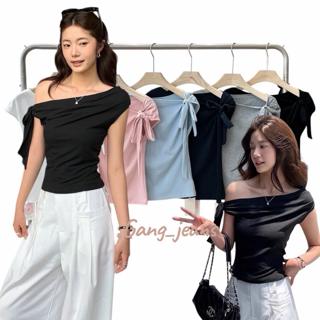 Gang_jeans#60014(Sw)เสื้อปาดไหล่ ผูกโบว์ งานสวย