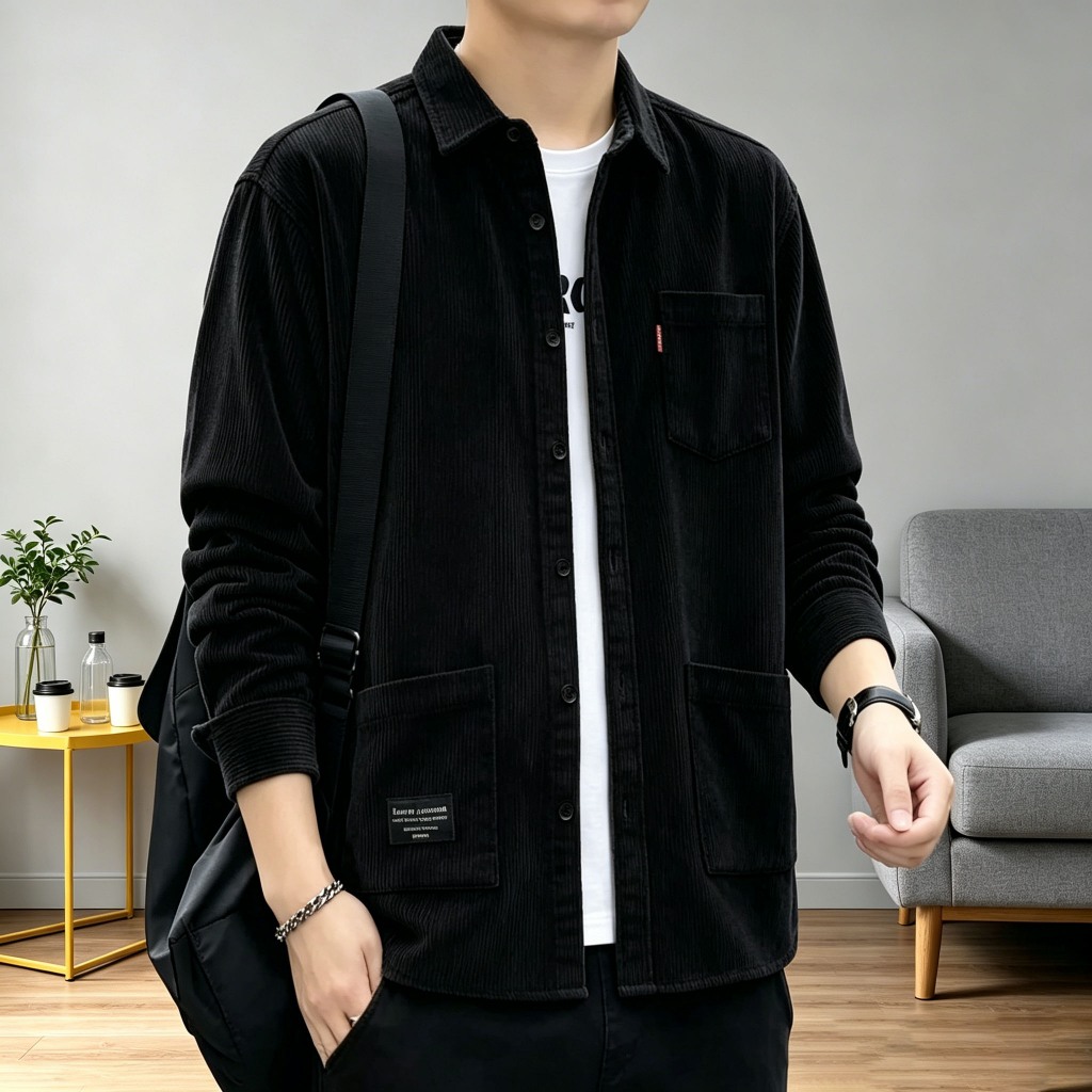 GD เสื้อเชิ้ตผ้าลูกฟูกชายสไตล์เกาหลีอินเทรนด์หล่อแขนยาวเสื้อเชิ้ตสไตล์ฮ่องกงญี่ปุ่นฤดูใบไม้ร่วงแจ็คเก็ตทุกการแข่งขัน