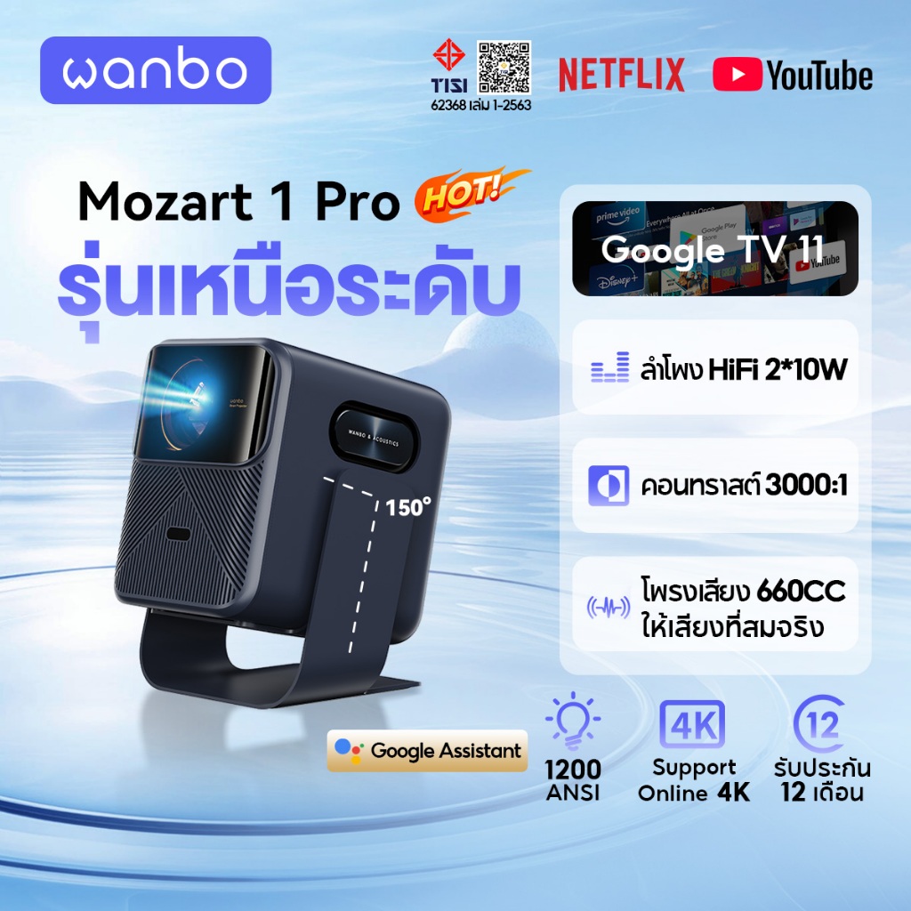[24H ส่งทันที] Wanbo Mozart 1 Pro 1200 ANSI Projector Netflix 4K ออนไลน์ โปรเจคเตอร์ Google TV OS ASA 3.0