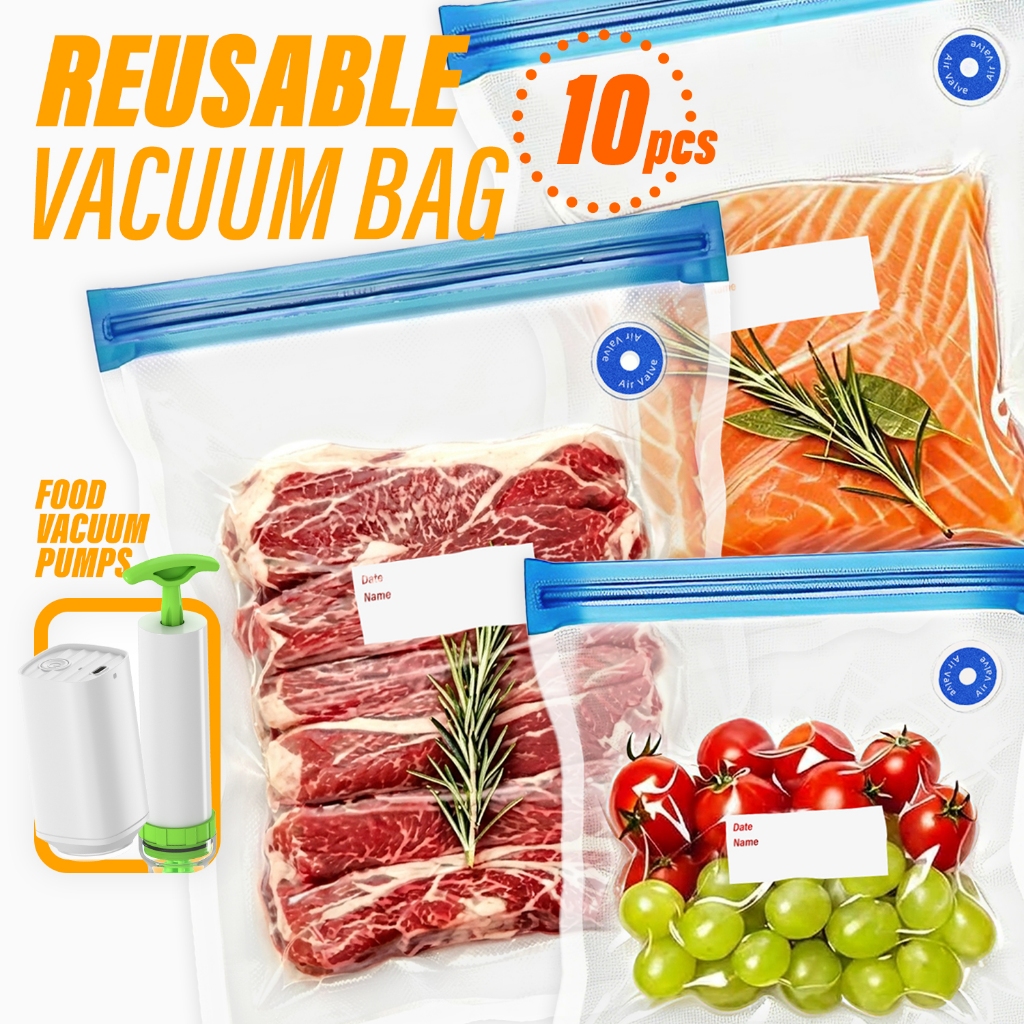 10pcs นำกลับมาใช้ใหม่ถุงเก็บสูญญากาศ ถุงเก็บอาหาร ถุงบีบอัดสูญญากาศ ออแกไนเซอร์ Vacuum Food Bag