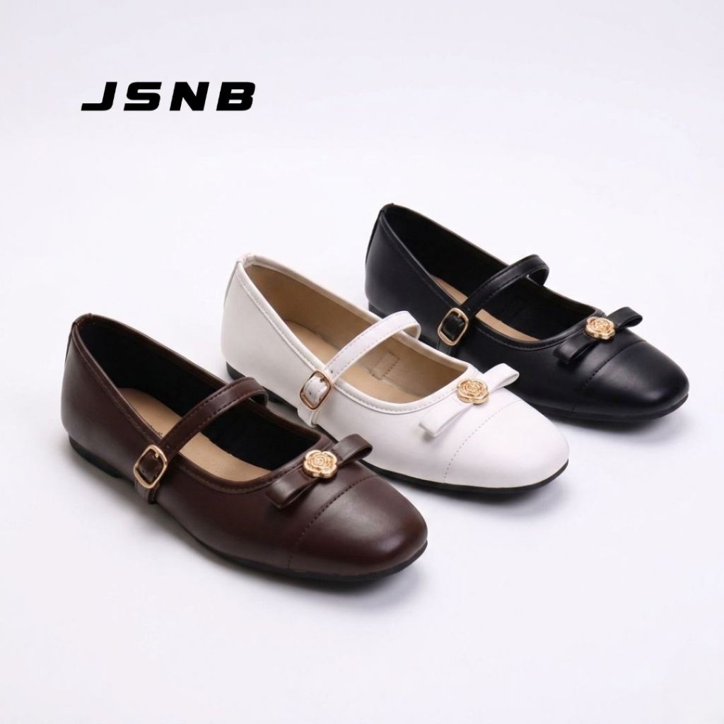 JSNB  รองเท้าคัทชูผู้หญิง ทรงแมรี่เจน ประดับโบว์อะไหล่ทอง หนังนิ่ม ใส่สบาย เรียบหรูสไตล์คุณหนู [LN1992 ]