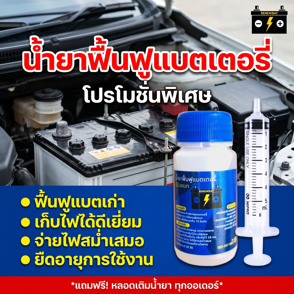 น้ำยาฟื้นฟูแบตรถยนต์ Renewbat ช่วยดูแลแบตเตอรี่รถยนต์ ใช้งานง่าย เหมาะทั่วไป #99