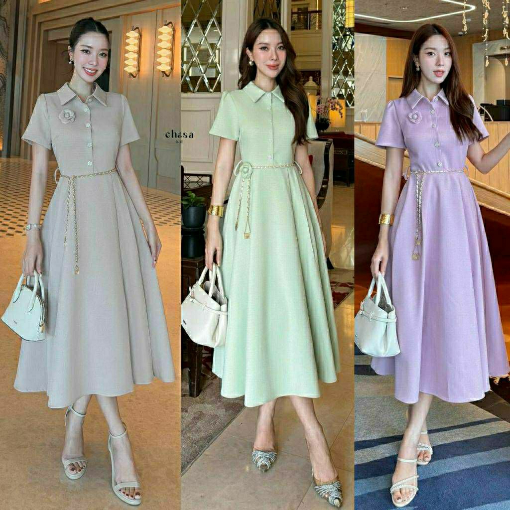 (S-XL)  CHARISSA 📣พร้อมส่งเซ็ทเเดรสคอปกแต่งกระดุมดอกไม้น่ารัก+เข็มขัดโซ่+เข็มกลัดดอกไมัเนื้อผ้าทวิตญี่ปุ่นมีซับใน