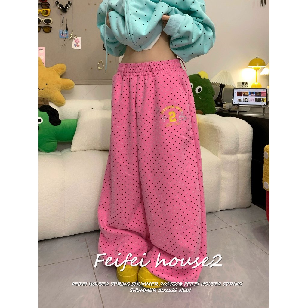 [Polka dot letter print trousers]กางเกงผู้หญิงสไตล์วินเทจฤดูร์ลำลอยลายจุดฮิปฮอปเอวยืดขากว้าง
