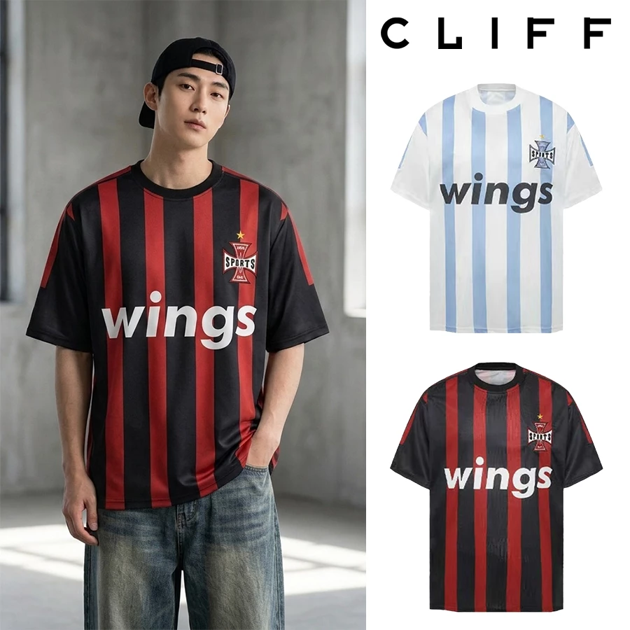 CLIFF แขนสั้นผู้ชาย เสื้อยืดลายทาง คอกลม เสื้อผู้หญิง ชุดคู่รัก สีผสม แบบหลวม
