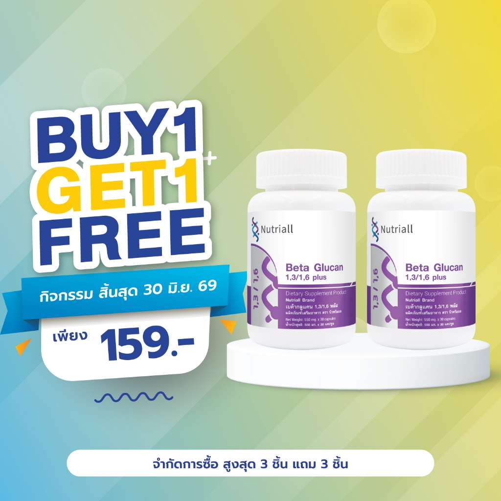 [ซื้อ 1 แถม 1] เบต้ากลูแคน 1,3/1,6 พลัส นิวทริออล Beta Glucan 1,3/1,6 plus Nutriall เบต้ากลูแคนพลัส แอลอาร์จินีน ซิงค์