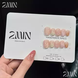 2minงานใหม่ เล็บปลอมสําเร็จรูป ทำด้วยมือ 10 ชิ้น/กล่อง แฮนด์เมด100% ชมพูลูกเเก้ว French ปลายลายแมวหลากสี ดีไซน์สวย