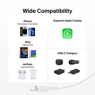 Belkin CAA022 สายชาร์จ iPhone USB-C to Lightning 30W สายถักทน 30 เท่า MFi รองรับ CarPlay ของแท้