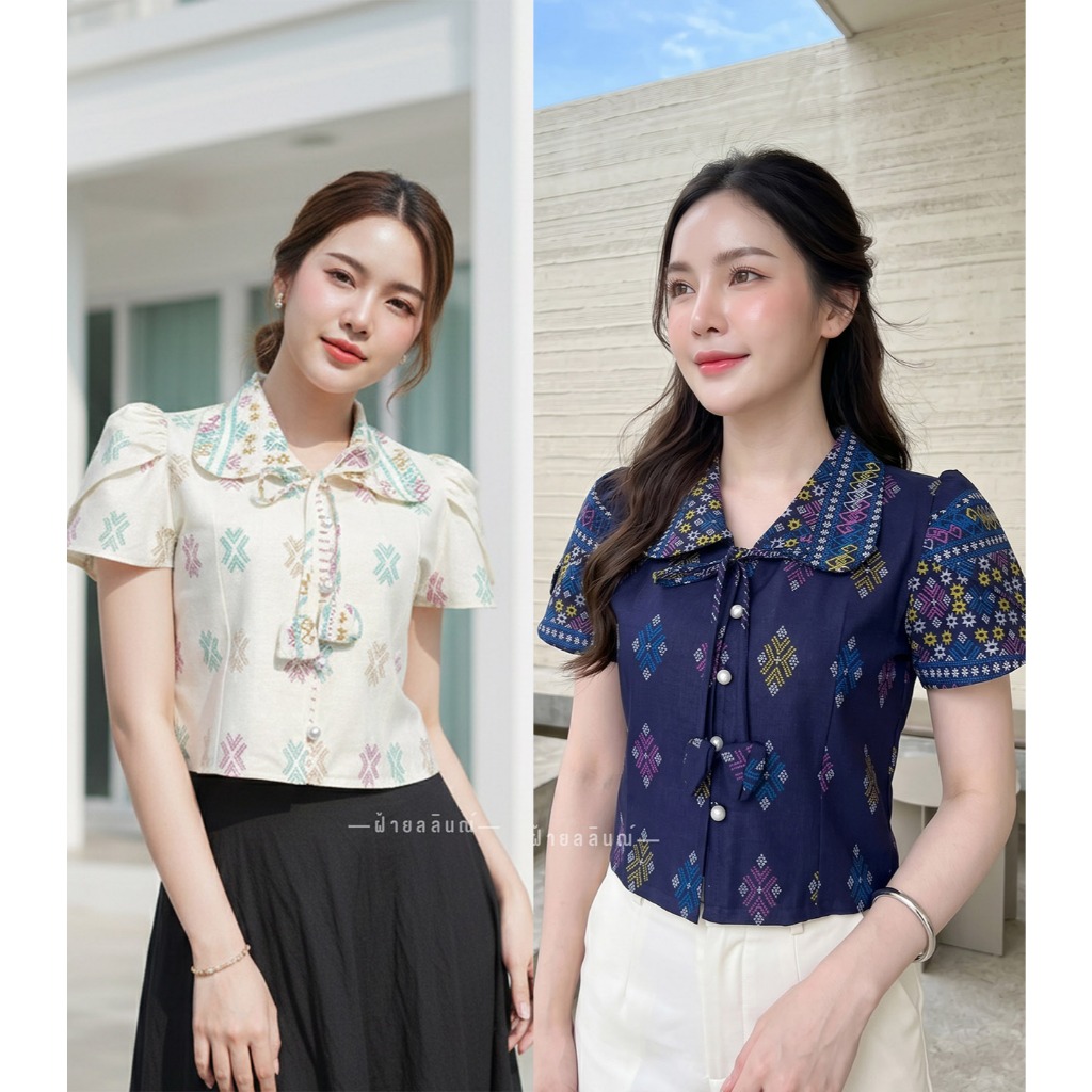 เสื้อผ้าฝ้ายคอบัวแต่งแขนกลีบบัวพิมพ์ลายไทย