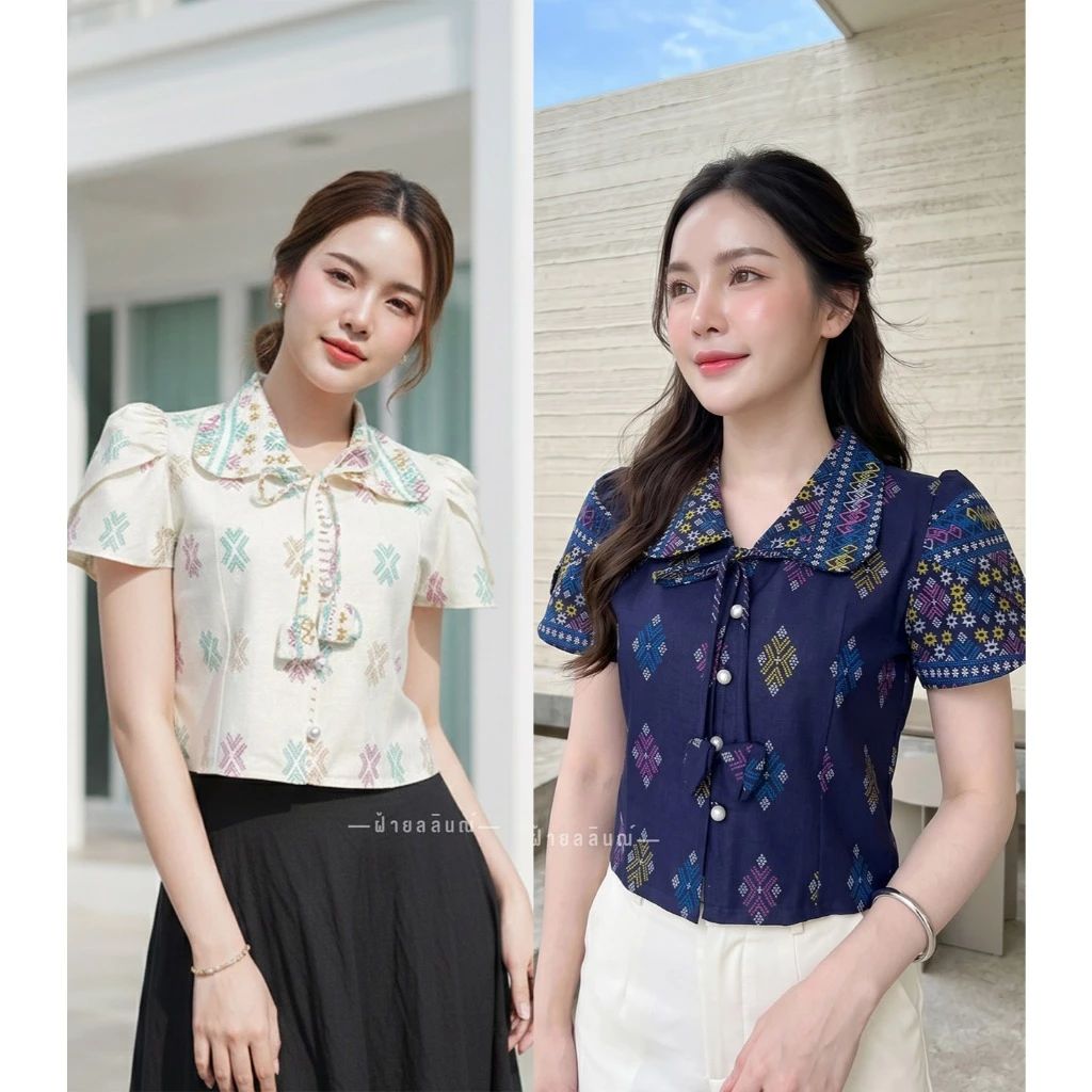 เสื้อผ้าฝ้ายคอบัวแต่งแขนกลีบบัวพิมพ์ลายไทย