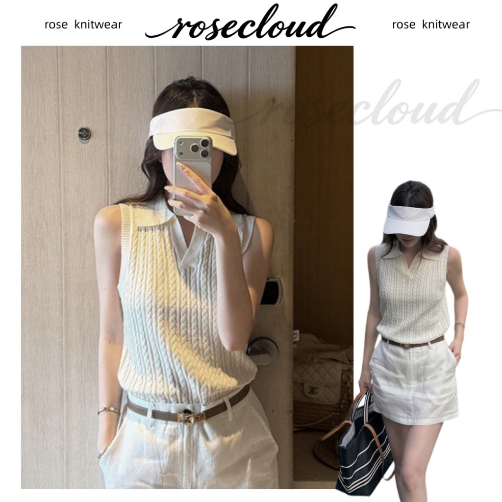 🌟rosecloud🌟เสื้อกั๊กไหมพรมคอเต่าคอวีสำหรับผู้หญิงในฤดูร้อน เสื้อกล้ามไหมพรมแขนกุดทรงเข้ารูป สวมใส่ได้หลากหลายโอกาส