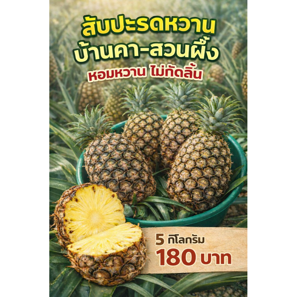 สับปะรดหวานบ้านคา-สวนผึ้ง คละไซส์ ราคา 5 กิโลกรัม 180 บาท