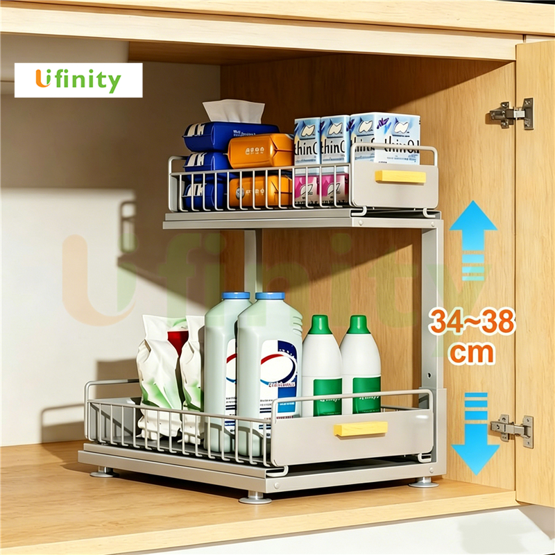 Lifinity ชั้นวางของในครัวพร้อมลิ้นชัก สำหรับจัดเก็บจานชามและอุปกรณ์ทำความสะอาดใต้ซิงค์