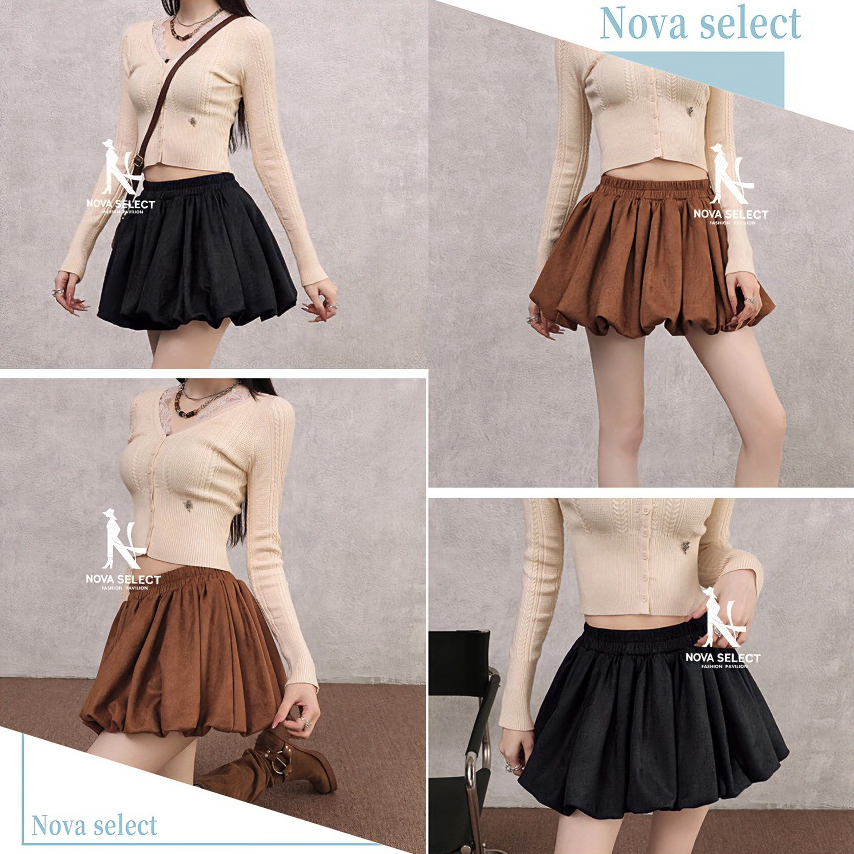 กระโปรงทรงบอลลูน มีไซส์ S-4XL เอวสูง เอวสม็อครอบตัว ผ้ากำมะหยี่นุ่ม แฟชั่นเวียดนาม