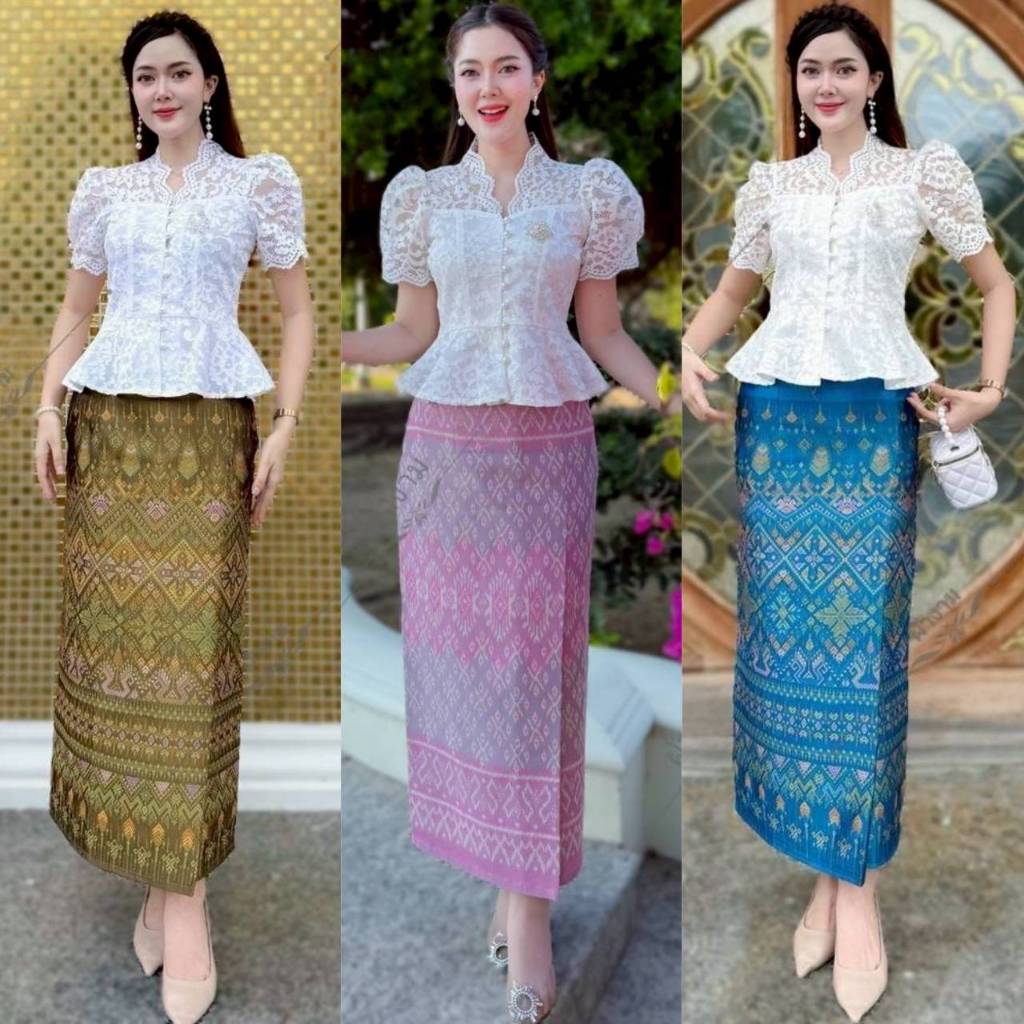 NB - KG (ขายแยก) ชุดไทยเสื้อลูกไม้แขนยาวสีขาวงา เสื้อลูกไม้อิตาลี มีอก32-44 ผ้าถุงผ้าฝ้ายทอลาย S-2XL