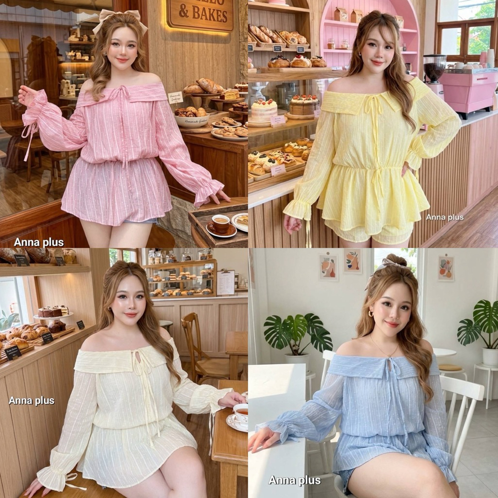 (AN) เสื้อเปิดไหล่แขนยาว ฟีลมินิเดรส ผ้าลายจุด ทรงนี้กำลังมาแรง น่ารัก พรางหุ่นสุดๆ เสื้อผ้าสาวอวบอ้วน ไซส์ใหญ่