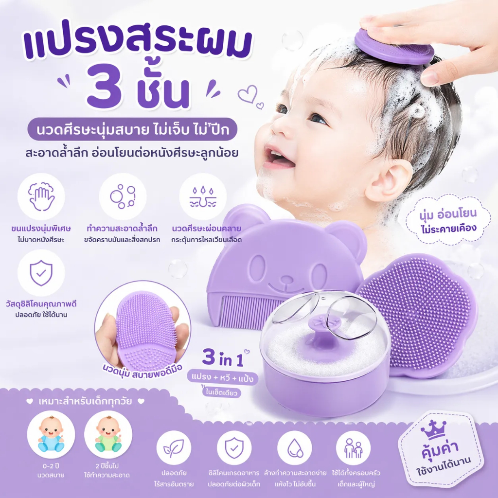 อุปกรณ์อาบน้ำเด็ก แปรงสระผมซิลิโคน หวีแก้ชันตุทารก ขจัดสิ่งสกปรกสะสม พร้อมตลับแป้งเด็ก