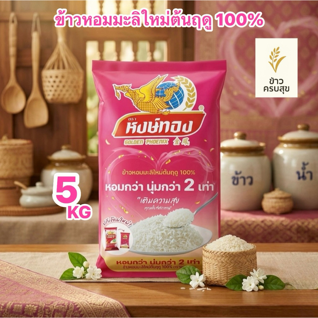 ข้าวหอมมะลิ ตราหงษ์ทอง (ถุงชมพู)  ข้าวหอมมะลิใหม่ต้นฤดู 100% (ขนาด 5 กิโลกรัม)