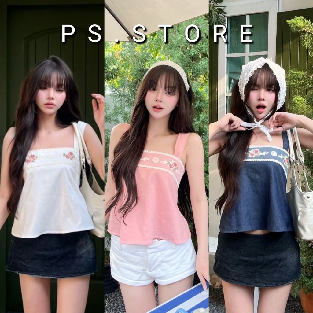 Peony : เสื้อสายเดี่ยวแต่งแถบลายดอกไม้ช่วงอก ทรงสวย น่ารักมาก