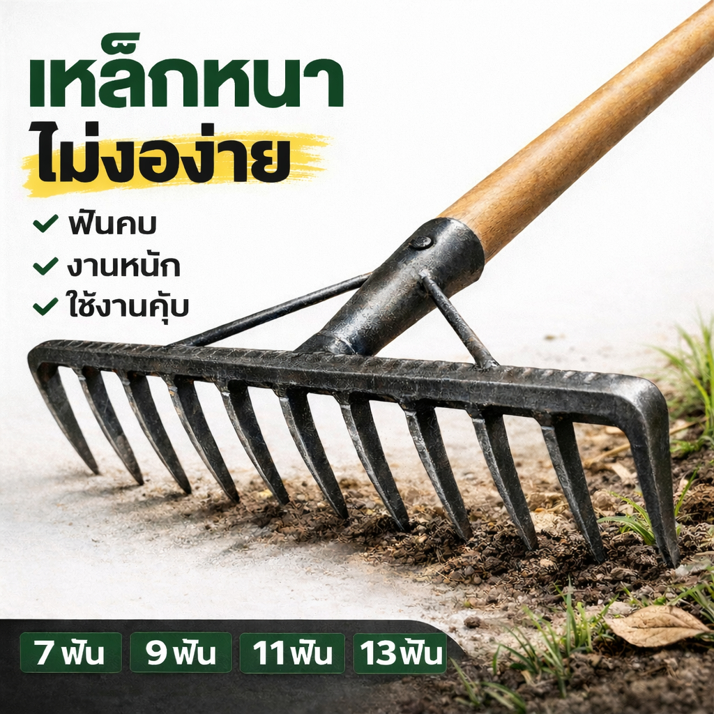 คราดหญ้าเหล็กหนา ฟันคม 7/9/11/13 ฟัน คราดตัดหญ้า ถอนราก พรวนดิน งานสวนหนัก ไม่เป็นสนิม พร้อมส่ง