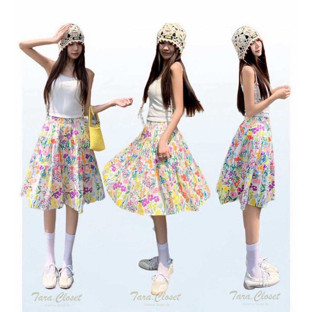 IT133 TARA SKIRT กระโปรง 3 ส่วน ลายดอก เอวสูง ทรงบอลลูน แต่งระบาย 3 ชั้น สม็อครอบเอว ผ้าไหมอิตาลีพิมพ์ลายดอก