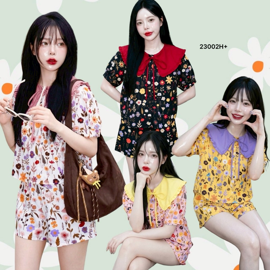 Set 2 ชิ้น แขนสั้น ทรงตุ๊กตา ลายดอกไม้ + กางเกงขาสั้น TT23002
