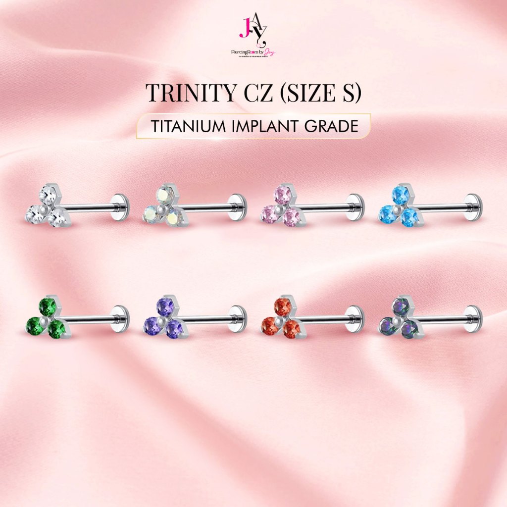 Piercingroom by Jay จิว/ต่างหูแป้นแบน สำหรับผิวแพ้ง่าย Trinity CZ (Size S) Titanium เกรดการแพทย์ (ราคาต่อชิ้น)