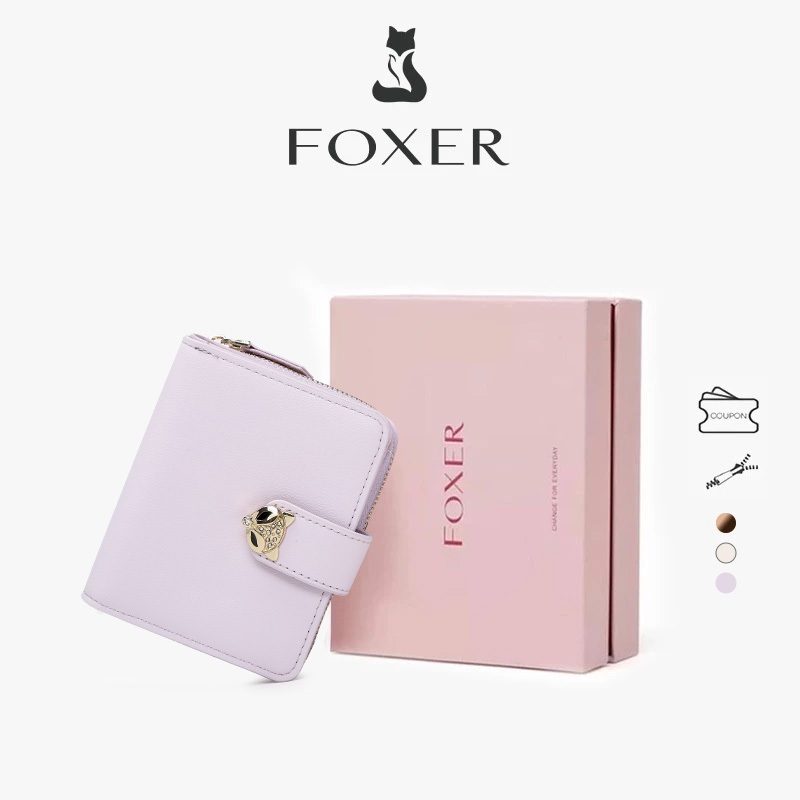 FOXER กระเป๋าสตางค์ซิปสั้นพรีเมี่ยม สีม่วงอ่อน ขนาดเล็กและสะดวกในการพกพาสามารถใส่ธนบัตรบัตรเครดิตได้