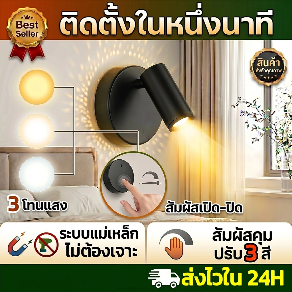 [พร้อมส่ง] โคมไฟหัวเตียง มีรีโมท ไฟอ่านหนังสือ ระบบแม่เหล็ก ไม่ต้องเจาะ ไร้สาย ชาร์จ USB โคมไฟห้องนอน โคมไฟติดผนัง LED