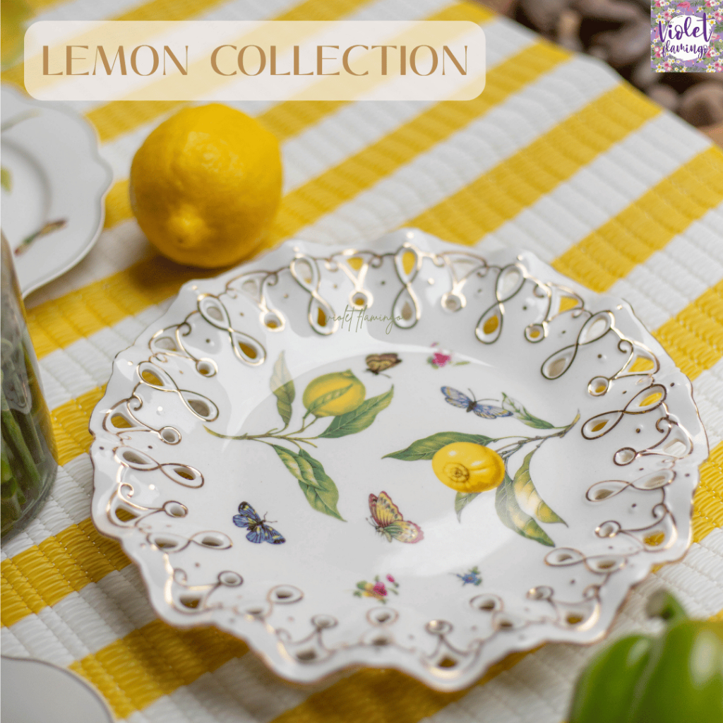 Violet Flamingo จานถ้วยเซรามิคลายเลมอนผีเสื้อ Lemon Butterfly Elegance Collection จานฉลุขอบ ขอบหยัก ขอบทองสุดหรู