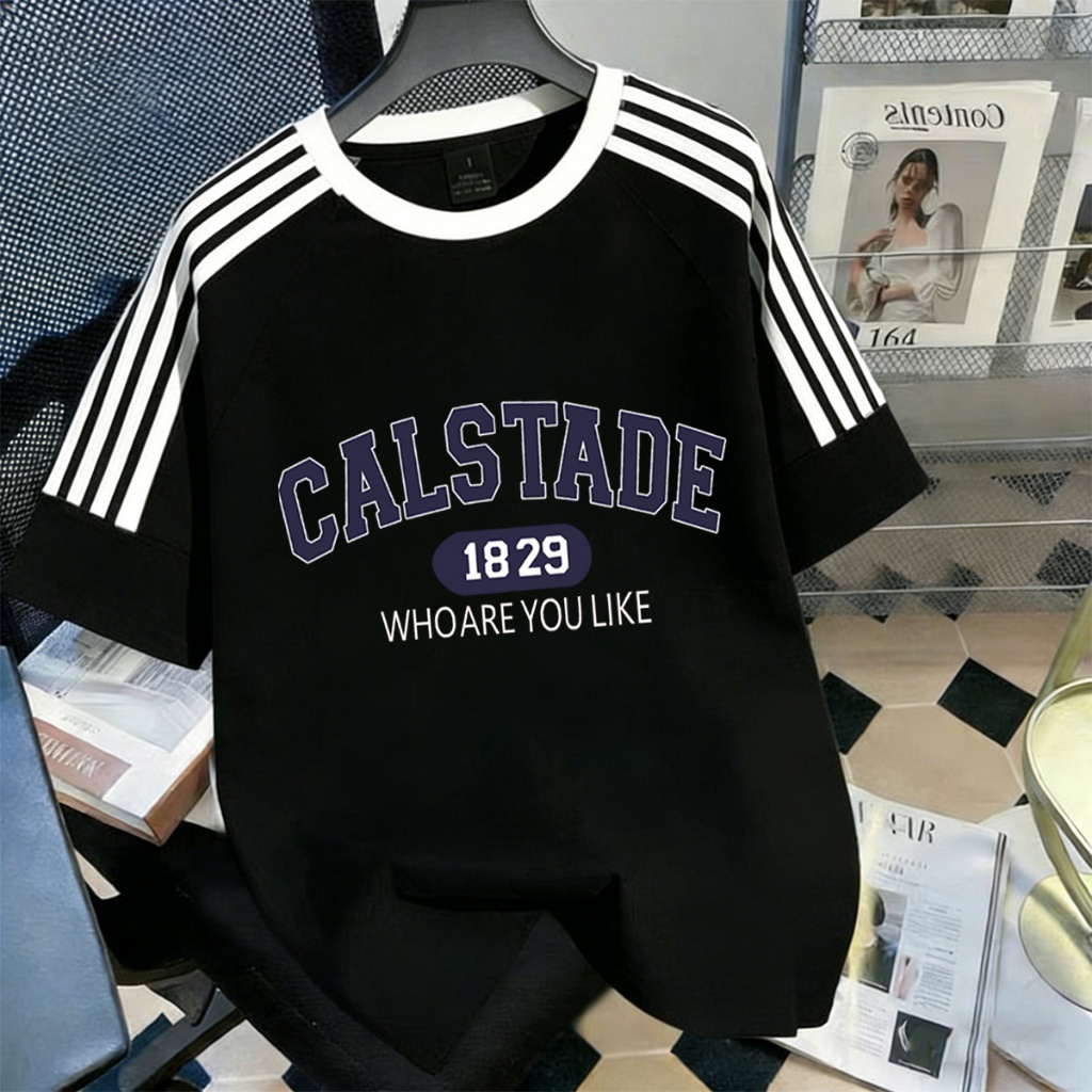Q-586 เสื้อยืดทรงหลวมแต่งแถบที่แขน ผ้านิ่มใส่ไม่ร้อนใส่สบายใส่ได้ทุกวัน ใส่ได้ทั้งหญิงและชาย ปลีก-ส่