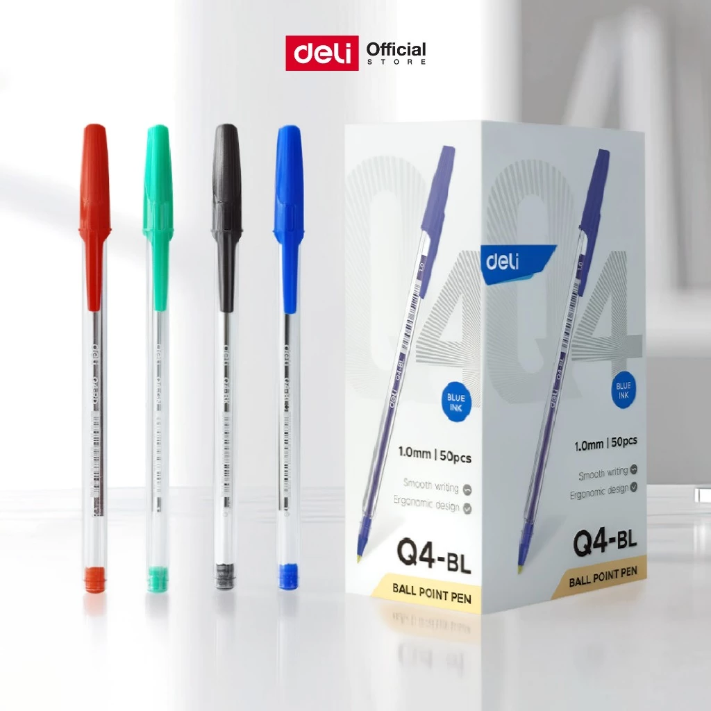ปากกาลูกลื่นแบบปลอก Deli รุ่น EQ4 ปากกาลูกลื่น ขนาดเส้น 1.0 มม. (4 สี/จำหน่าย 1กล่อง/50 ด้าม)
