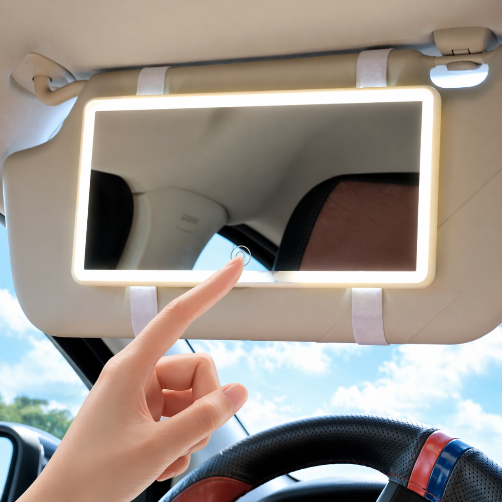 CAR MIRROR กระจกแต่งหน้าในรถ LED ระบบสัมผัส ชาร์จแบตได้ ปรับแสงได้ ติดบังแดด ใช้งานง่าย พกพาสะดวก