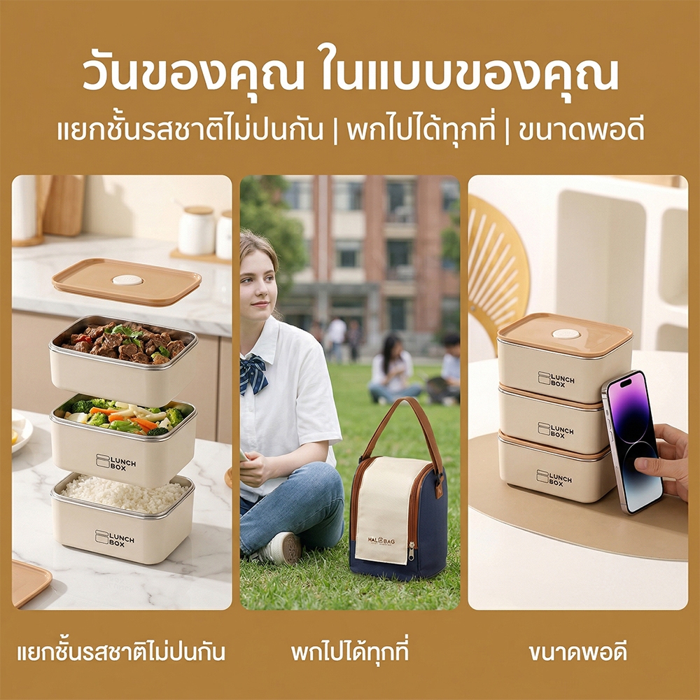 กล่องข้าวสแตนเลส 3 ชั้น เก็บความร้อนได้ พร้อมถุงเก็บความเย็น ใช้งานง่าย พกพาสะดวก สำหรับทำงานและไปเรียน