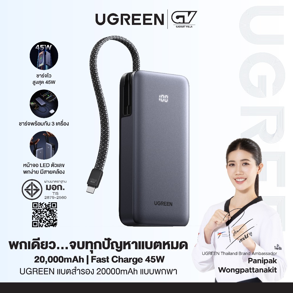 UGREEN Power Bank แบตสำรอง 20000mAh แบบพกพาชาร์จเร็ว PD 45W Fast Charging รุ่น 55988B