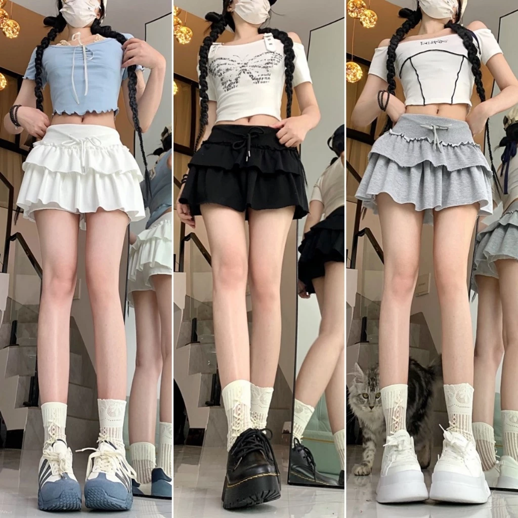Bella Shop ฤดูร้อนสไตล์ใหม่กระโปรงเค้กเร้าใจสไตล์หวานพร้อมเชือกรูด กระโปรงทรงเอ สีขาว มีซับใน