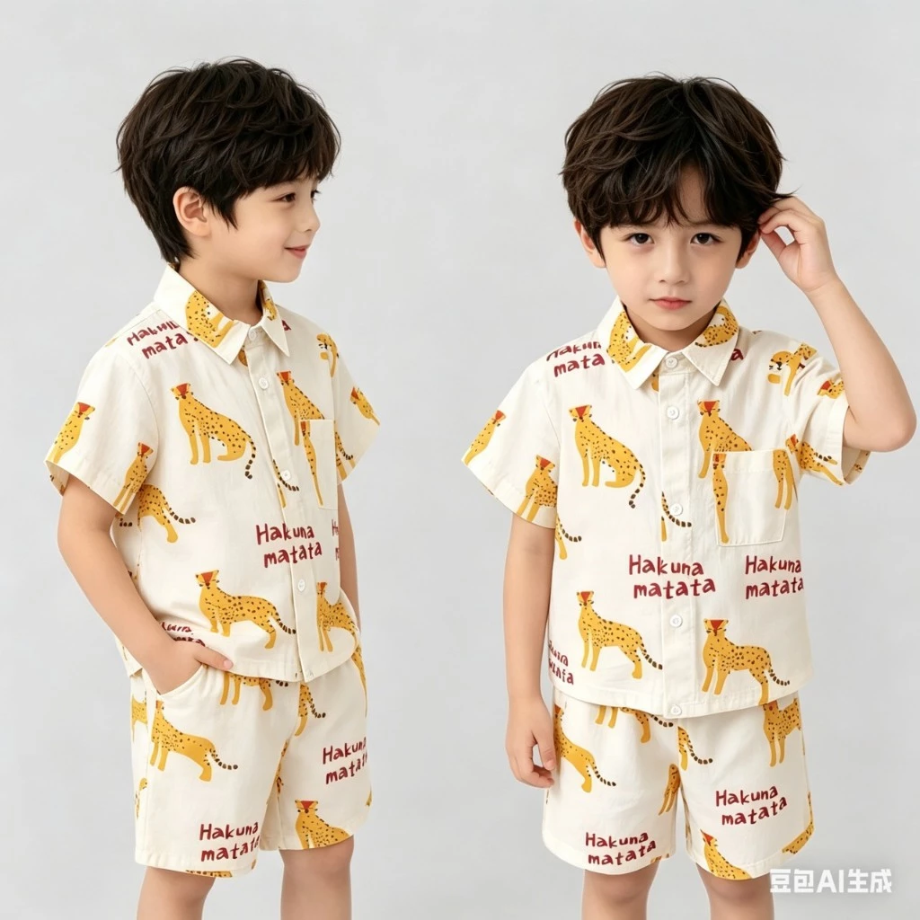 MC034 ชุดเซ็ต เสื้อเชิ้ตแขนสั้น + กางเกงขาสั้น พิมพ์ลายเสื้อ แฟชั่นฤดูร้อน สําหรับเด็กผู้ชาย Songkran