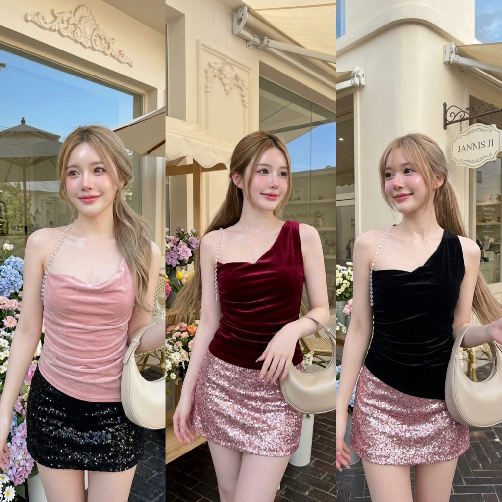 เสื้อสายเดี่ยว เปิดหลัง แต่งสายคล้องคริสตัล จับย่นข้าง เซ็กซี่