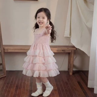 1-9 ปี ชุดเดรสลายดอกไม้สีชมพู สไตล์เกาหลี แฟชั่นฤดูร้อน กระโปรงฟูฟ่อง แขนกุด ผ้าทูลล์ ผ้าหนุ่ม ใสสบาย สำหรับเด็กผู้หญิง