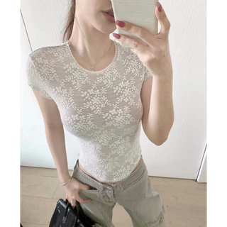 📍พร้อมส่ง📍9273 เสื้อลูกไม้ซีทรูทอฉลุลาย 3D สวยปราณีต ทรงเข้ารูปสลิมฟิตเป๊ะ ดีเทลคอกลมกุ๊นขอบหยักสุดคิ้วท์ เนื้อผ้านิ่ม