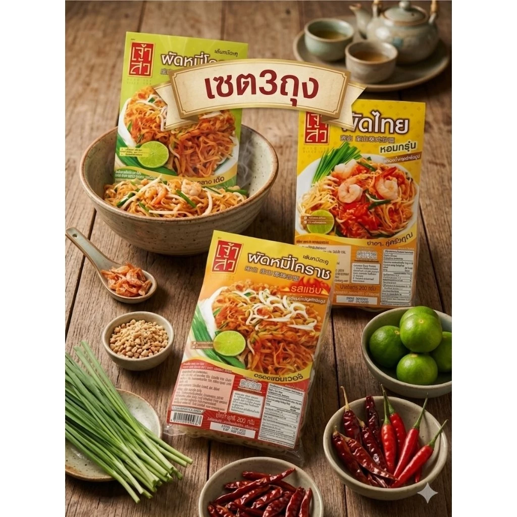 หมี่สามสหาย ชุด3ถุง รสต้นตำรับ รสแซ่บ ผัดไทย ตราเจ้าสัว 200กรัม