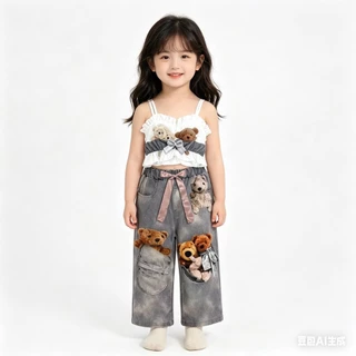 BB247 ชุดเด็กผู้หญิง เสื้อสายเดี่ยวแต่งระบาย+กางเกงขายาวลายหมี น่ารักหวานๆ