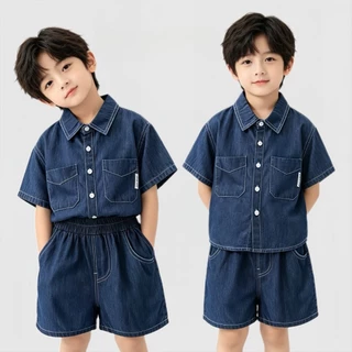 BB248 ชุดเซ็ตเด็กผู้ชาย เสื้อเชิ้ตยีนส์แขนสั้น+กางเกงขาสั้น ลุคเท่ ใส่สบาย