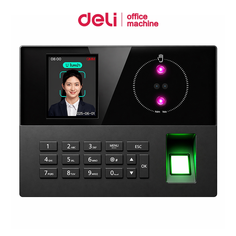 Deli เครื่องลงเวลางาน เครื่องสแกนใบหน้า สแกนฝ่ามือ 3in1 4ภาษา กล้องอินฟราเรดคู่ Attendance Machine