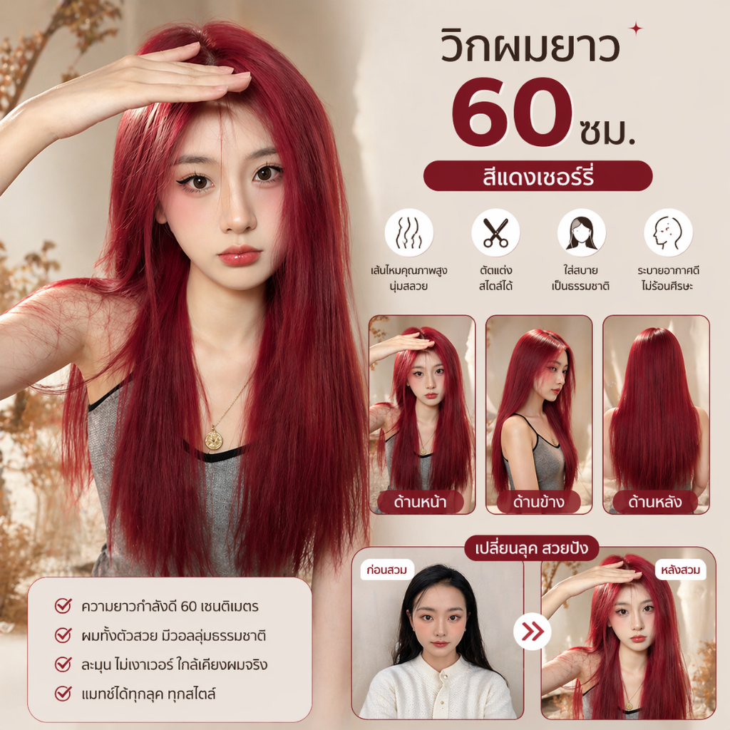 MAYAWIG วิกผมกึ่งทอมือตัว T ผมยาวตรง แสกกลาง สีแดงเชอร์รี่(60 cm.) MT24