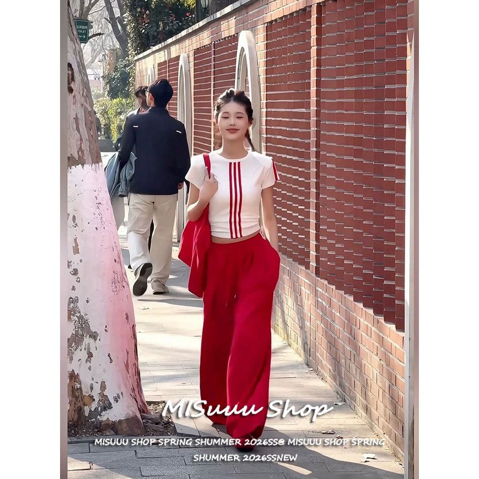 [Striped Short Sleeve Sweatpants Set]ชุดกางเกงวอร์มเสื้อสั้นไหล่ตรงลายทางสไตล์อเมริกันรัดรูปสบายใส่